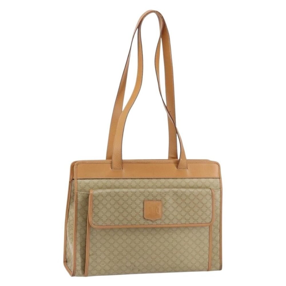 Authentic CELINE Macadam Canvas Shoulder Bag PVC Beige Gold